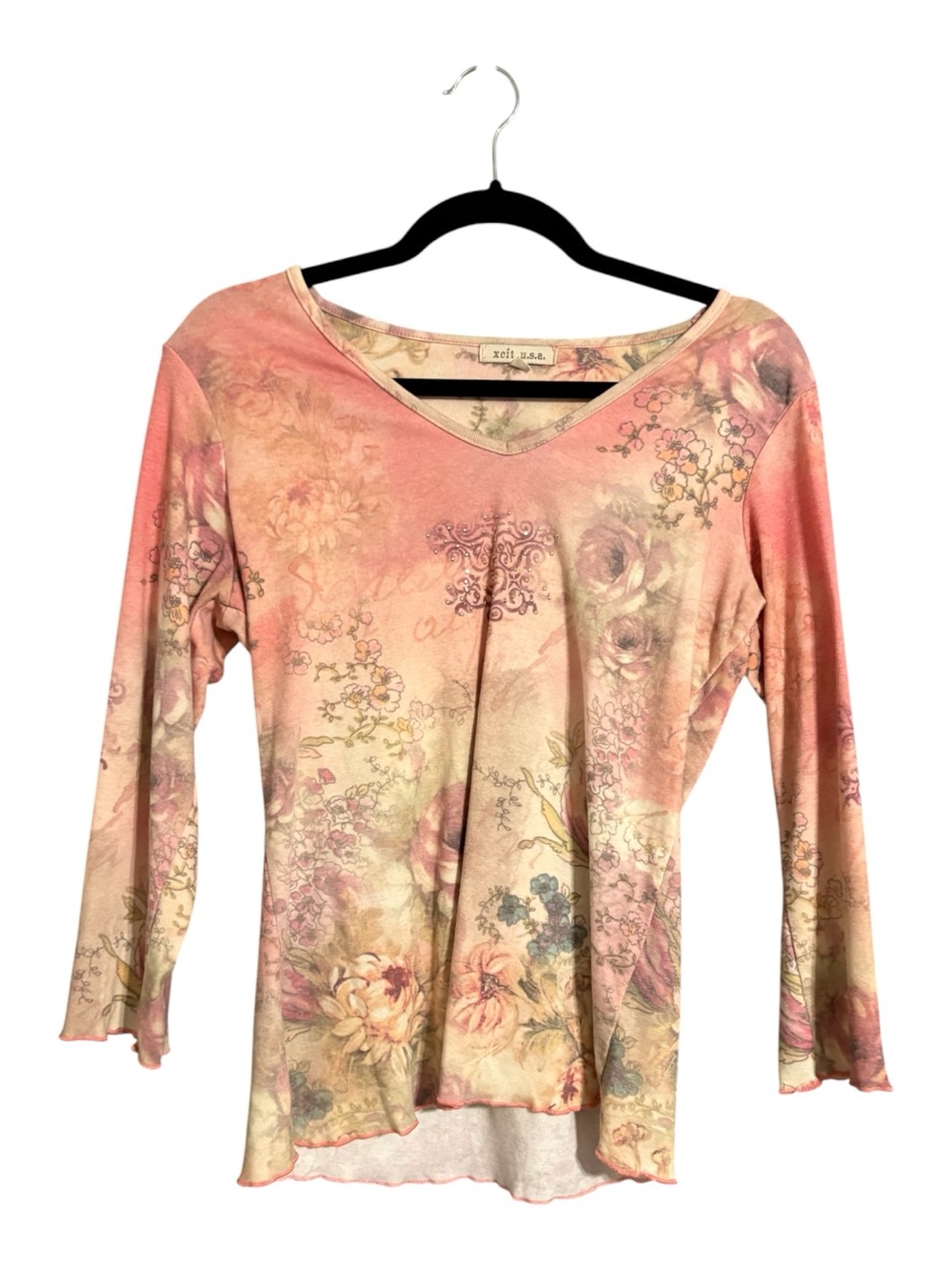 Vintage Y2K Xcit U.S.A. Pink Floral Long Sleeve Stretch Top Size M